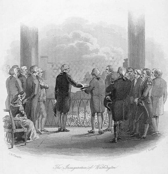 The inauguration of George Washington as the first President of the United States at Federal Hall, New York, 30 April 1789. Steel engraving, 1860