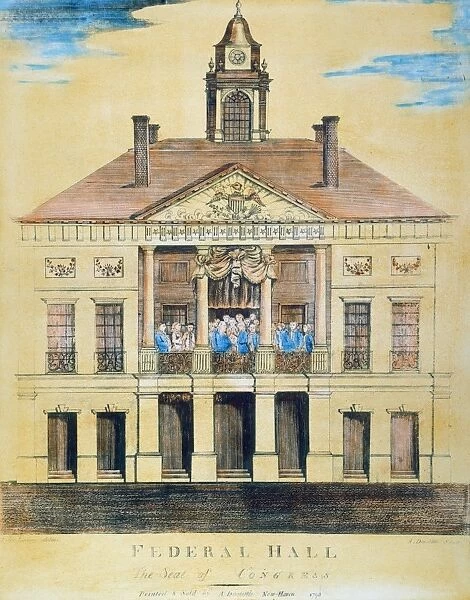 The inauguration of George Washington as the first president of the United States at Federal Hall, New York City, 30 April 1789: coloured line engraving, 1790, by Amos Doolittle