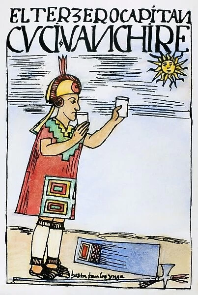 INCA SUN WORSHIP. An Inca captain offers a libation to the sun, then drinks the