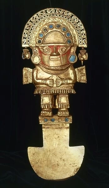 INCAN GOLD ORNAMENT. Incan spade-like gold ornament topped with a figure of a man in an elaborate headdress