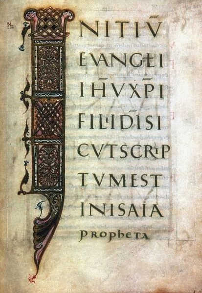 INCIPIT OF MARK, c860. From a northern French Gospel manuscript, c860