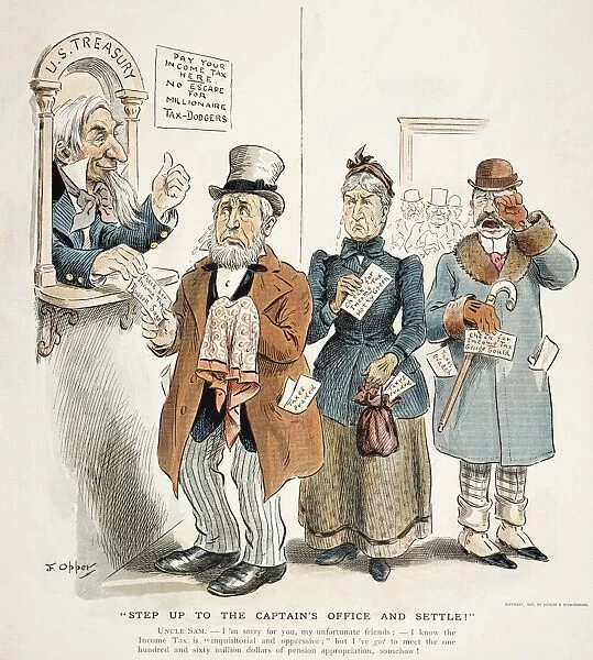 INCOME TAX CARTOON, 1895. American millionaire Russell Sage, Hetty Green and George