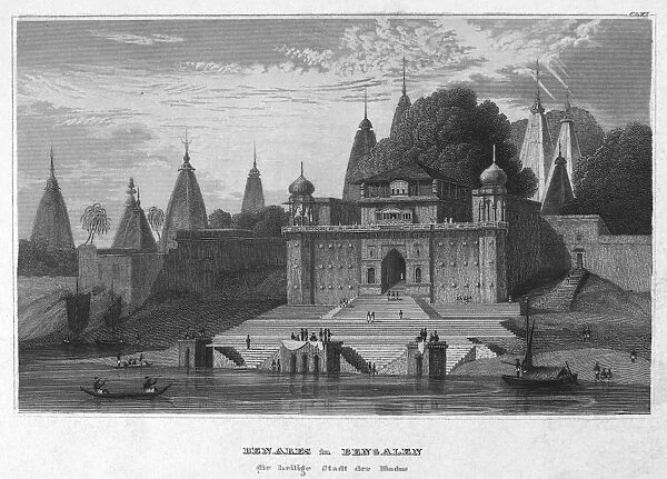 INDIA: BENARES, c1840. View of Benares, India, from the Ganges River. Steel engraving, German, c1840