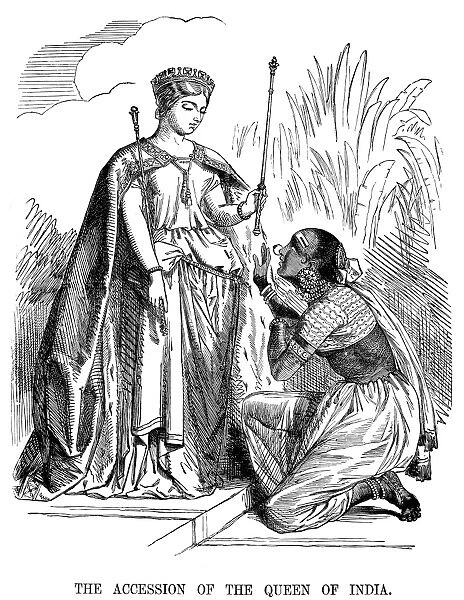 INDIA: BRITISH RULE, 1858. The Accession of the Queen of India. Cartoon from Punch
