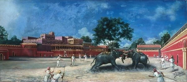 INDIA: ELEPHANT FIGHT. An elephant fight in a palace courtyard