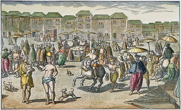 INDIA: GOA, 1599. The Market at Goa, the Portuguese colony on the Malabar coast of India: German engraving, 1599