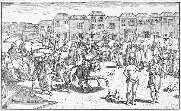 INDIA: GOA MARKET, 1599. The market at Goa, the Portuguese colony on the Malabar coast of India. Engraving from Hugo Lischotanus Navigatio in Orientem, Frankfurt, Germany, 1599