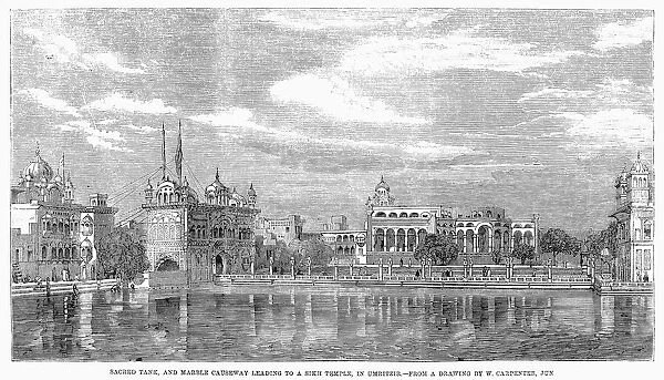 INDIA: GOLDEN TEMPLE, 1858. View of the sacred tank and marble causeway leading to the Golden Temple in Amritsar, Punjab, India. Line engraving, English, 1858
