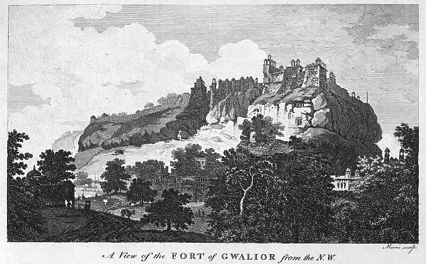 INDIA: GWALIOR, c1790. View of the fort at Gwalior, India, from the northwest. Copper engraving, English, c1790
