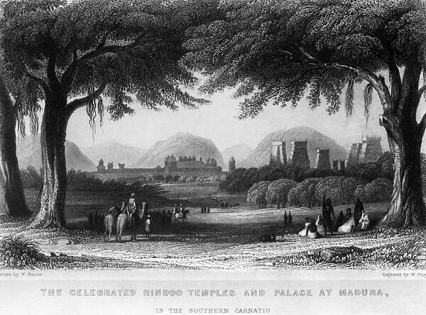 INDIA: MADURA TEMPLES, c1860. The celebrated Hindu temples in the city of Madura, in southern India. Line engraving, English, c1860