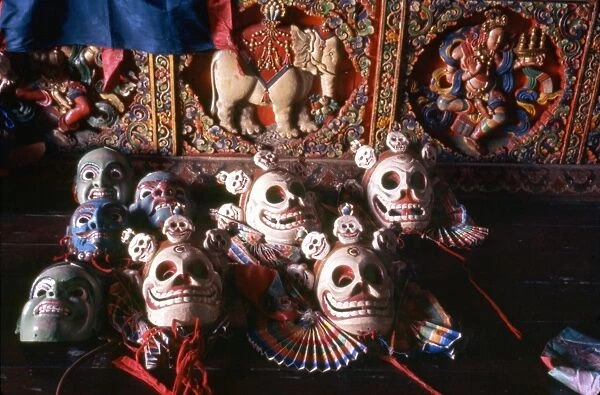 INDIA: MASKS, 1969. Deity and skeleton masks from Gangtok, Sikkim, India
