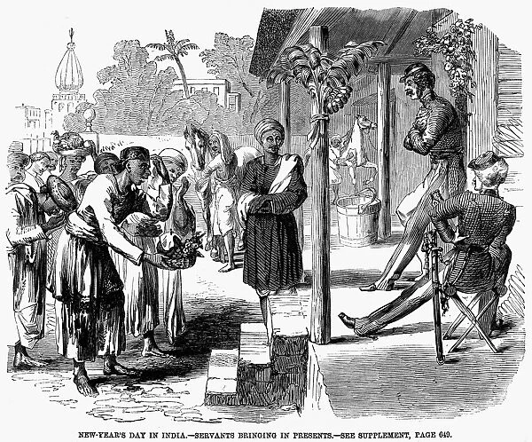 INDIA: NEW YEARs DAY, 1859. Servants bringing in presents on New Years Day in India, 1859. Wood engraving from an English newspaper