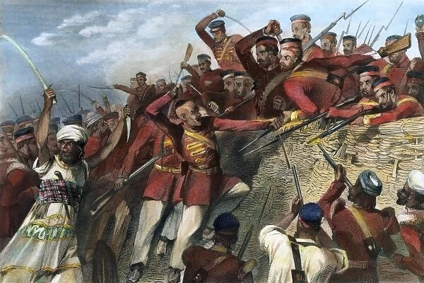 INDIA: SEPOY MUTINY, 1857. Sepoy mutineers attacking the redan battery at Lucknow