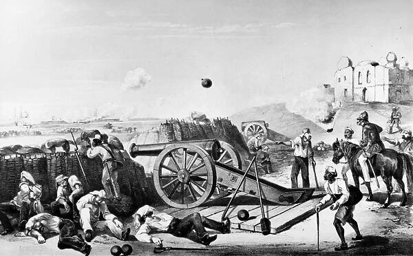 INDIA: SEPOY REBELLION, 1857. British troops firing at Indian mutineers during