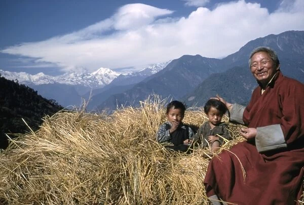 INDIA: SIKKIM, 1969. Shinglay Lama and grandchildren near Singhik, Sikkim, India