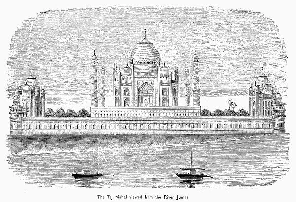 INDIA: TAJ MAHAL. View of the Taj Mahal in Agra, India, from the Yamuna River. Wood engraving, 19th century