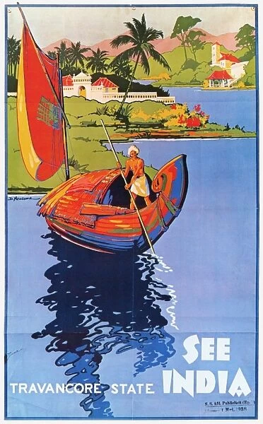 INDIAN TRAVEL POSTER, 1938. See India : A scene in the state of Travancore as depicted on a lithograph poster printed at