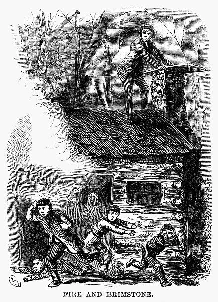 INDIANA: SCHOOLHOUSE FIRE. Hellfire and Brimstone. A schoolmaster in Indiana smokes his students out of a one-room schoolhouse after they had locked him out. Wood engraving, American, 1873