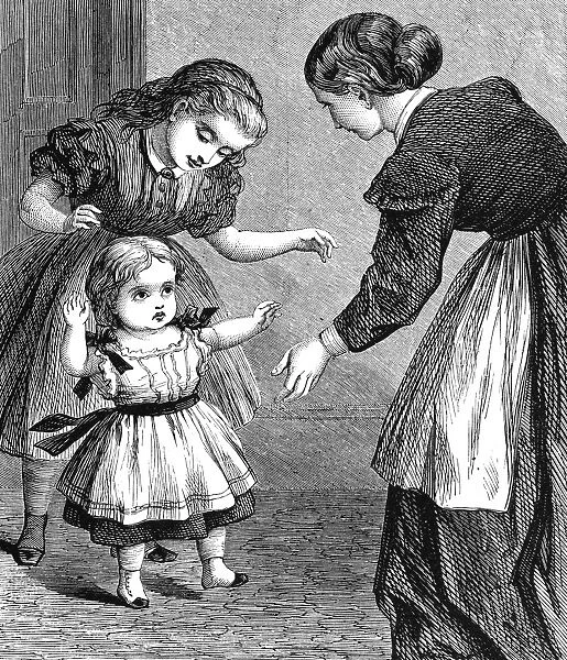 INFANT WALKING. Wood engraving, 19th century