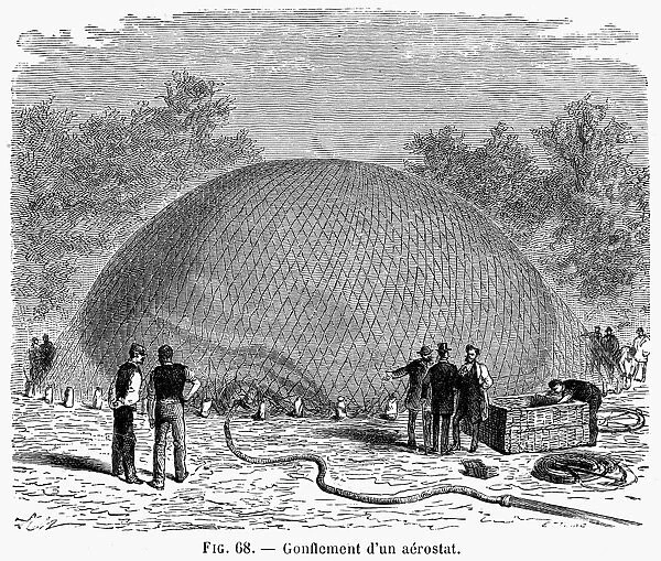 Inflation of a hot air balloon, 19th century French engraving