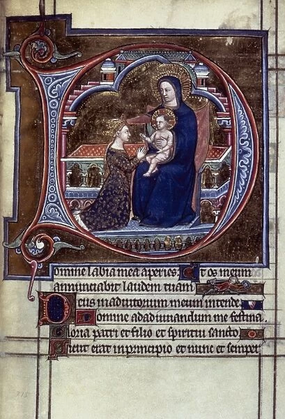 INITIAL D: ILLUMINATION. Empress Catherine de Courtenay crowned by the Virgin in an initial D