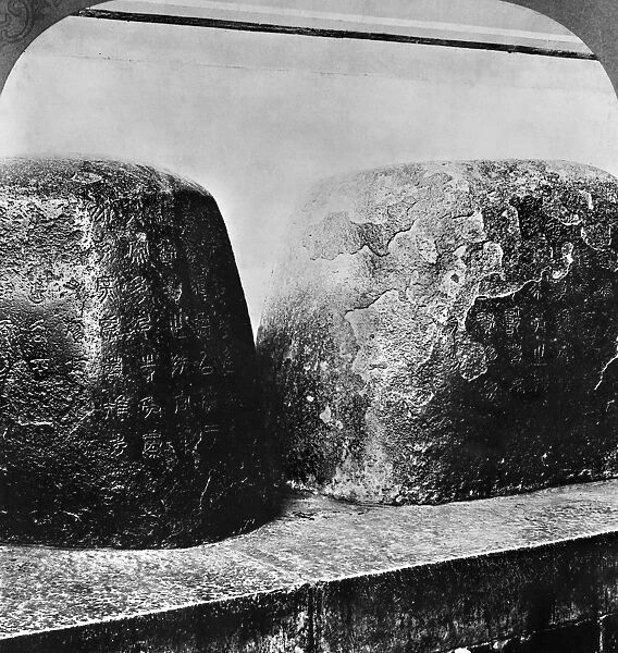 Inscribed stones, the reputed writings of Confucius. Photographed at the Temple of Confucius in Peking (now Beijing), China, c1902