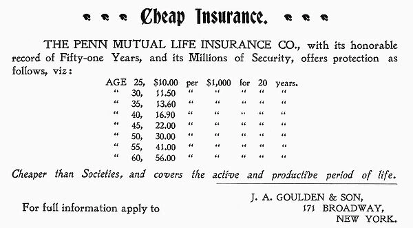 INSURANCE ADVERTISEMENT. Penn Mutual Life Insurance trade card, 1898
