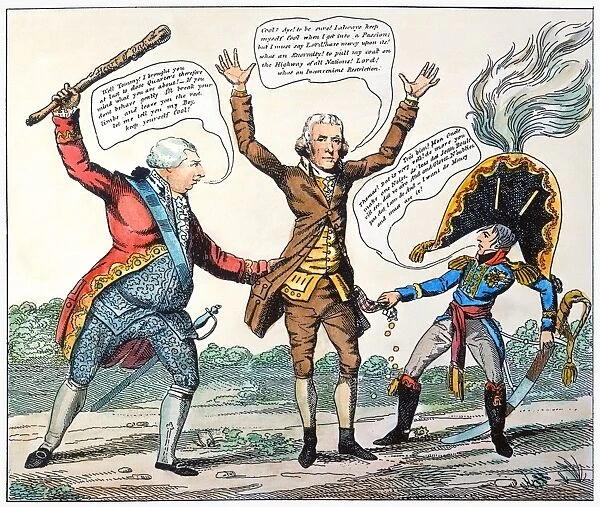 Intercourse or Impartial Dealings. An American cartoon of 1809 by Peter Pencil showing President Thomas Jefferson being robbed by England (King George) and Napoleon as a result of Jeffersons embargo policy