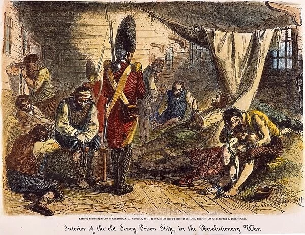 Interior of the British prisoner ship, HMS Jersey, anchored off Brooklyn during the British occupation of New York during the American Revolutionary War. Color engraving, 19th century