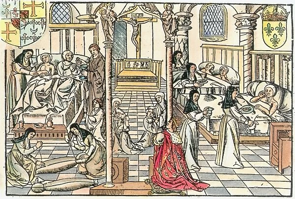 Interior of the hospital Hotel-Dieu in Paris. Color French woodcut, c1500