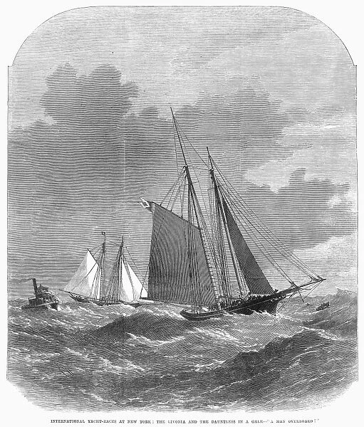 International yacht race at New York between the Livonia and Dauntless during a gale. Wood engraving, 1871
