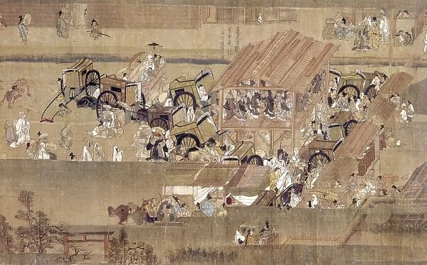 Ippen Shonen, a traveling Buddhist priest who popularized dancing-praying ceremonies, arrives at a town in the countryside. Scroll painting, 1299