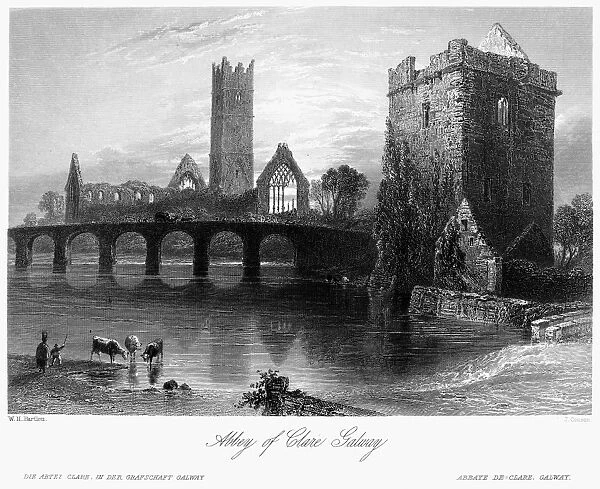 IRELAND: CLAREGALWAY. View of the ruins of Claregalway Abbey on the river Clare, County Galway, Ireland. Steel engraving, English, c1840, after William Henry Bartlett