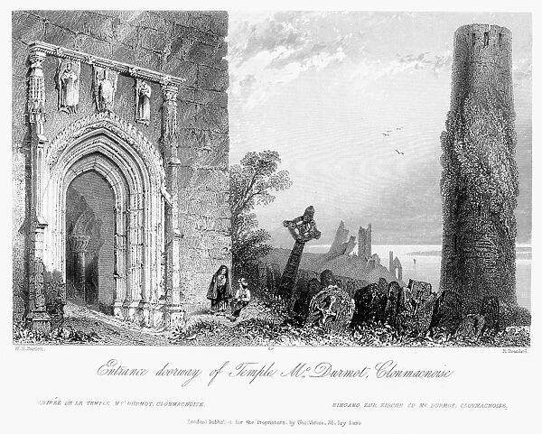 IRELAND: CLONMACNOISE. View of the entrance doorway of Temple McDurmot and other ruins of Clonmacnoise Abbey, County Offaly, Ireland. Steel engraving, English, c1840, after William Henry Bartlett