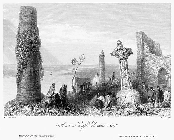 IRELAND: CLONMACNOISE. View of the ruins at Clonmacnoise Abbey, on the river Shannon in County Offaly, Ireland. Steel engraving, English, c1840, after William Henry Bartlett