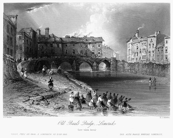 IRELAND: LIMERICK, c1830. View of the old Baals Bridge on the Abbey River in Limerick, Ireland, as it appeared prior to its reconstruction in 1830-31. Steel engraving, English, c1840, after William Henry Bartlett