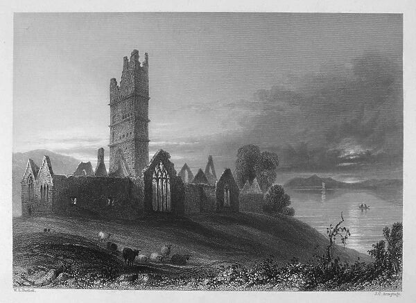 IRELAND: MOYNE ABBEY. View of the ruins of Moyne Abbey, on the River Moy, County Mayo, Ireland. Steel engraving, English, c1840, after William Henry Bartlett