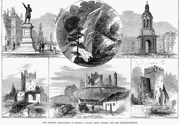 IRELAND: SCENIC VIEWS. Miscellaneous views of Ireland: Statue of Henry Grattan, College Green, Dublin (top left); Trinity College, Dublin (top right); Powerscourt Waterfall, County Wicklow (top center); Jerpoint Abbey, County Kilkenny; Rock of Cashel, County Tipperary; and St. Douloughs Church, County Dublin (bottom, left-to-right). Wood engraving, 1878