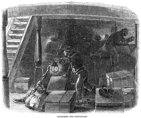 IRISH IMMIGRANTS, 1850. Searching for stowaways onboard a ship carrying Irish emigrants to the United States. Wood engraving from an English newspaper of 1850