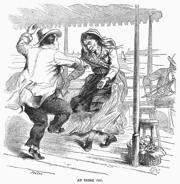 IRISH JIG, 1858. Couple dancing a jig during an excursion by steamboat on the Eastern seaboard. Wood engraving, American, 1858