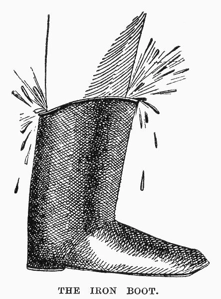 IRON BOOT. Large iron boot worn by victim and filled with hot lead, common during the Spanish Inquisition. 19th century wood engraving