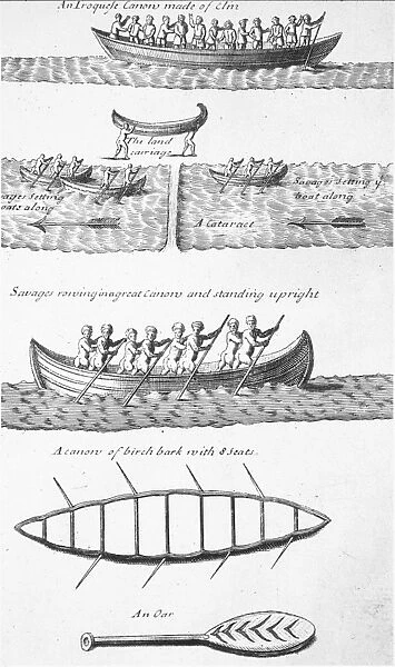 IROQUOIS CANOES. Illustration of canoes and their uses. Engraving, English, 18th century