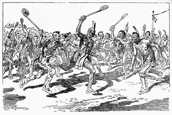IROQUOIS: LACROSSE. Iroquois Native Americans playing lacrosse in preparation for battle
