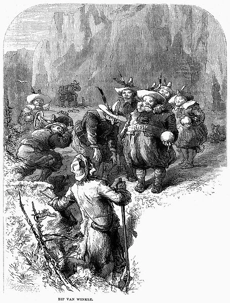 IRVING: RIP VAN WINKLE. Rip Van Winkle meets the dwarfs in the Catskill Mountains. Wood engraving, American, 1876, depicting a scene from the Washington Irving story first published in 1819