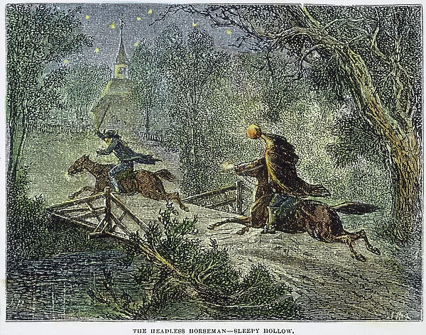 IRVING: SLEEPY HOLLOW. The headless horseman scares Ichabod Crane out of town. Wood engraving, American, 1876, for Washington Irvings The Legend of Sleepy Hollow, first published in 1819