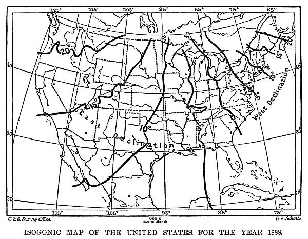 ISOGONIC MAP, 1888. Isogonic map showing the lines of magnetic declination in the United States