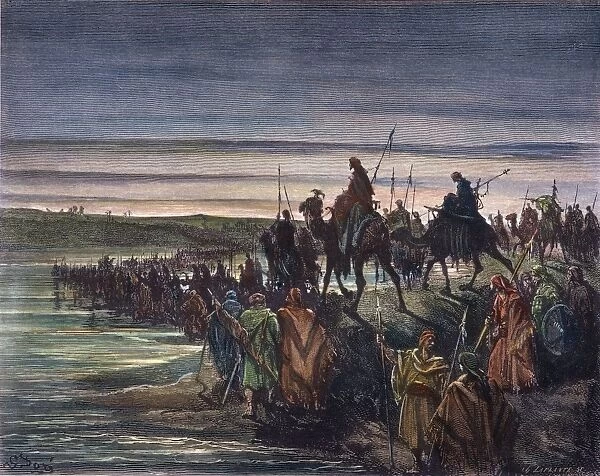 ISRAELITES IN CANaN. After 40 years of wandering, the Israelites cross the Jordan River into Canaan under the leadership of Joshua (Joshua 3: 14-17): wood engraving after Gustave Dor