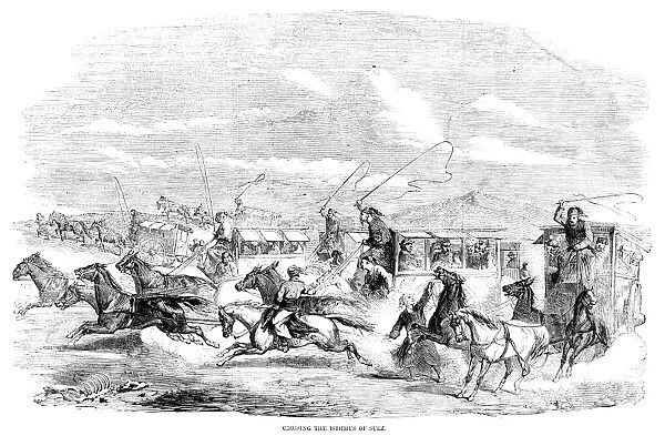 ISTHMUS OF SUEZ, 1858. Caravan of British travelers crossing the Isthmus of Suez between Africa
