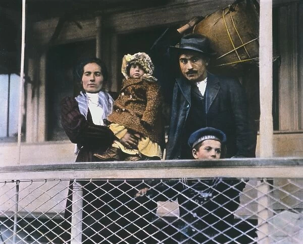AN ITALIAN IMMIGRANT FAMILY on the Ellis Island ferry to Manhattan. Oil over a photograph