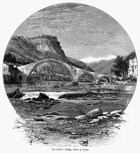 ITALY: BAGNI di LUCCA, c1875. View of the Devils Bridge at Bagni di Lucca, on the Lima River in the north of Tuscany, Italy. Wood engraving, c1875, after Harry Fenn